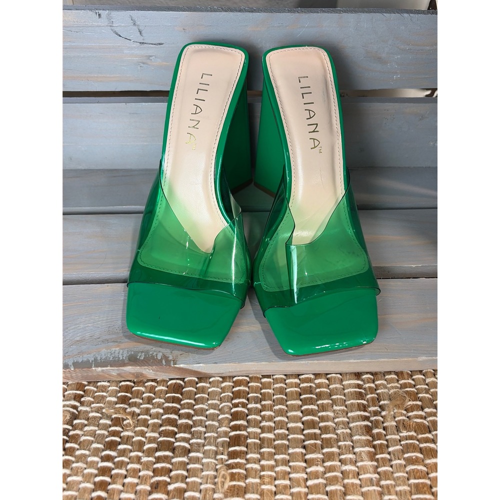 Liliana Green PVC Square Toe Mule Architectural Triangular Block Heels Size 6